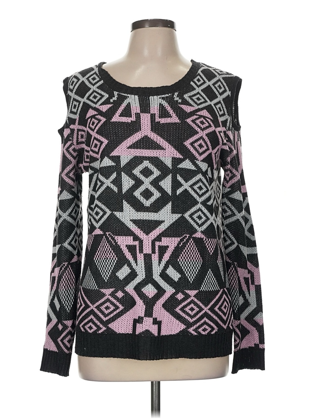 Women's vintage Black & Pink Geometric Cold-Shoulder Sweater - Picture 3 of 8